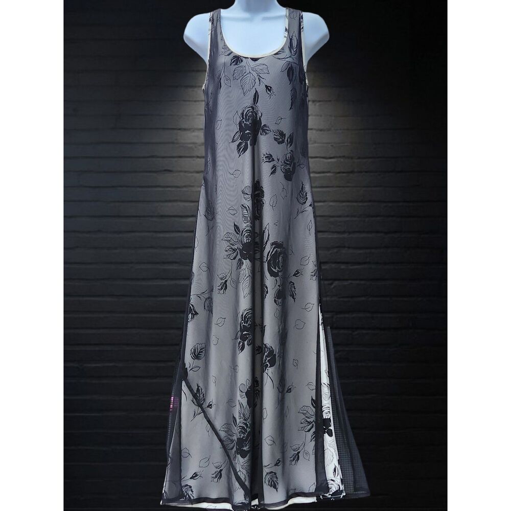 Express Womens Floral Maxi Dress Size 9/10 Black White Sheer Layered Sleeveless